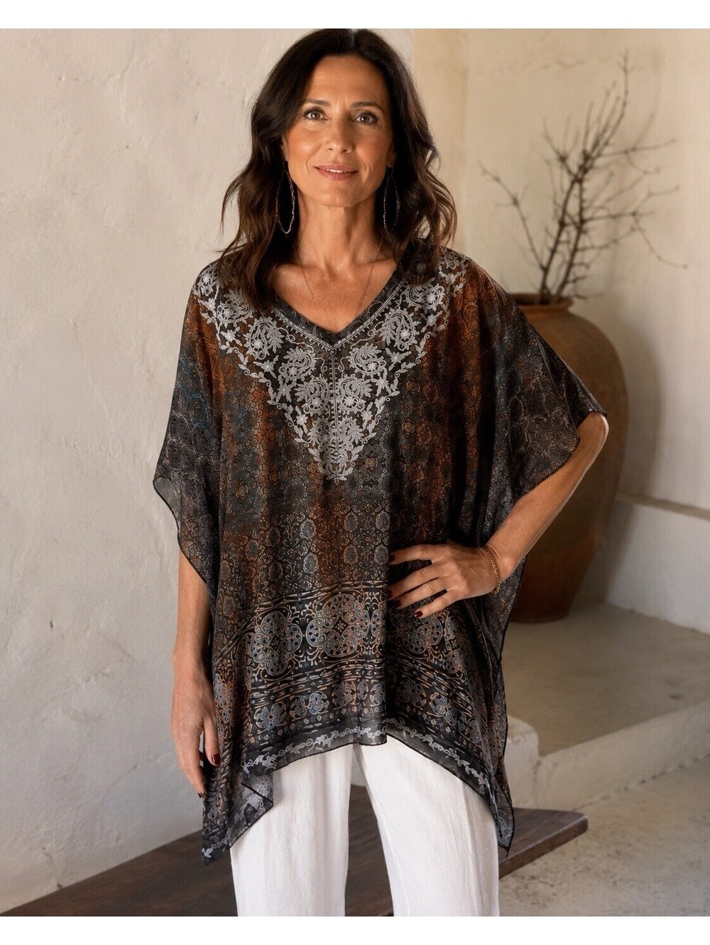 John Mark Embroidered Floral Poncho Tunic Sz L Sheer Burnout Velvet Mixed‎ Media